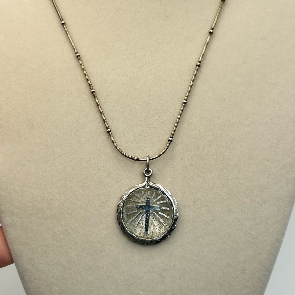 Sterling Silver Confirmation Cross Necklace Round Pendant 17" 925 Chain Vintage